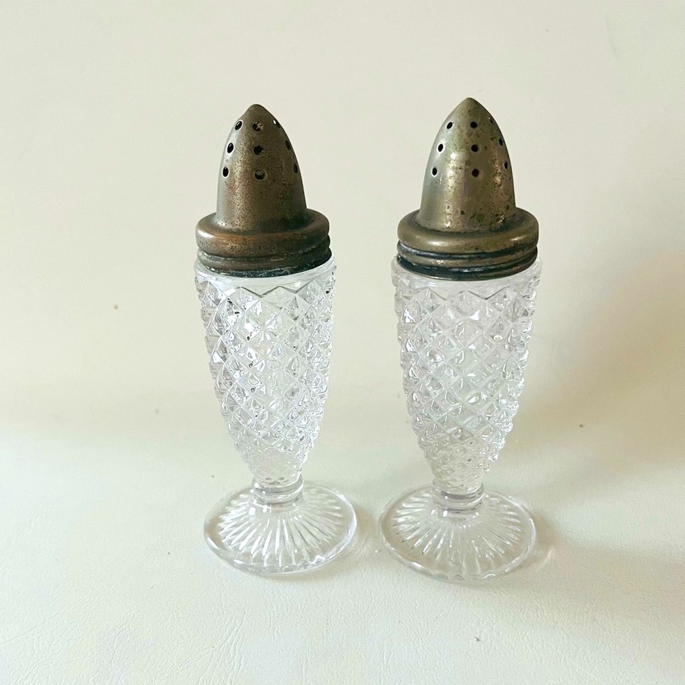 Vintage 1950’s Cut Glass Salt and Pepper Shakers with Metal Lids